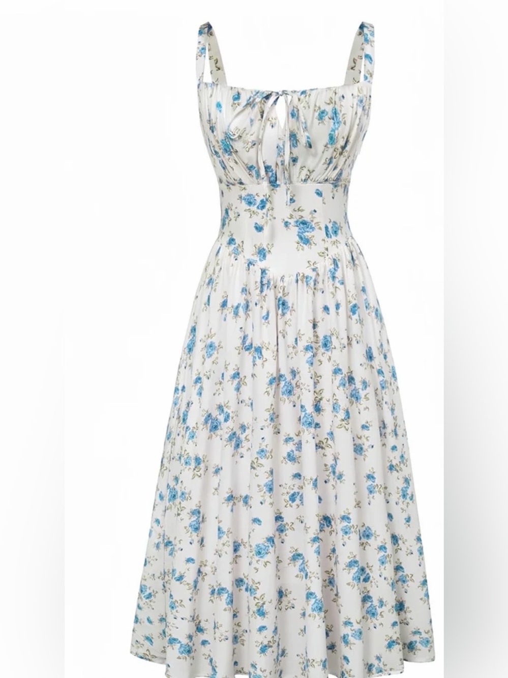 White and Blue Floral Midi Dress with Sweetheart Neckline